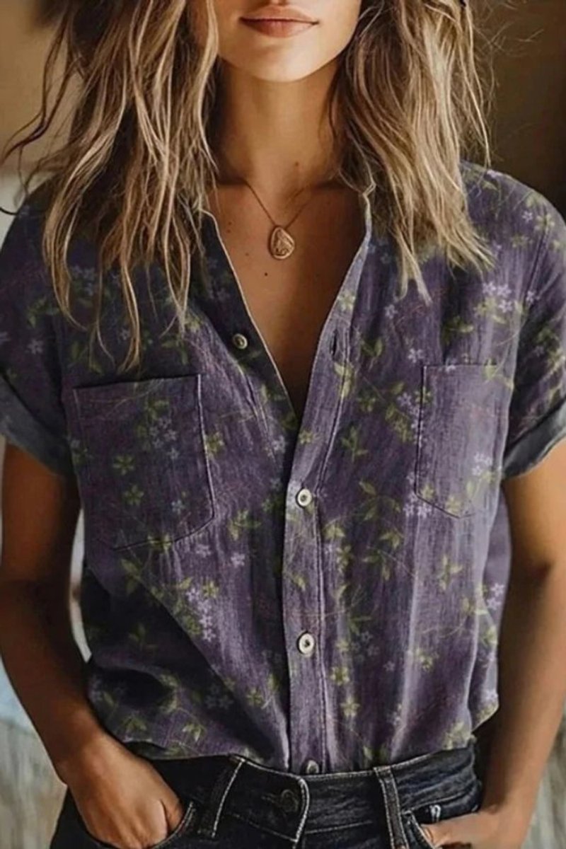 Dames Gebloemde Katoenen Korte Mouw Blouse met Knoopsluiting