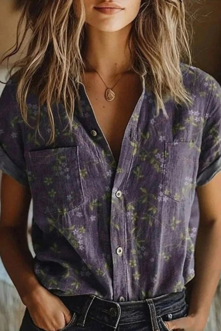 Dames Gebloemde Katoenen Korte Mouw Blouse met Knoopsluiting