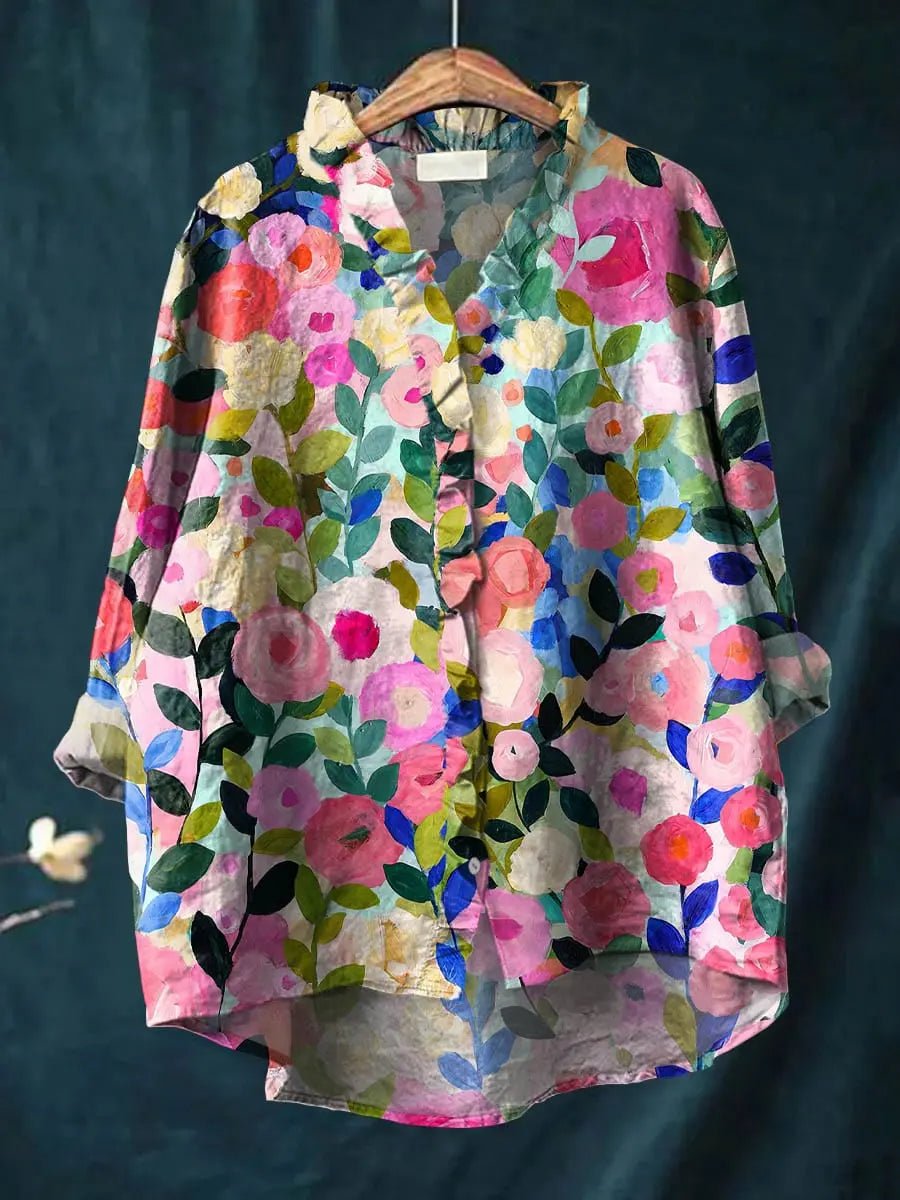 Dames Gebloemde Linnen Ruffle Blouse
