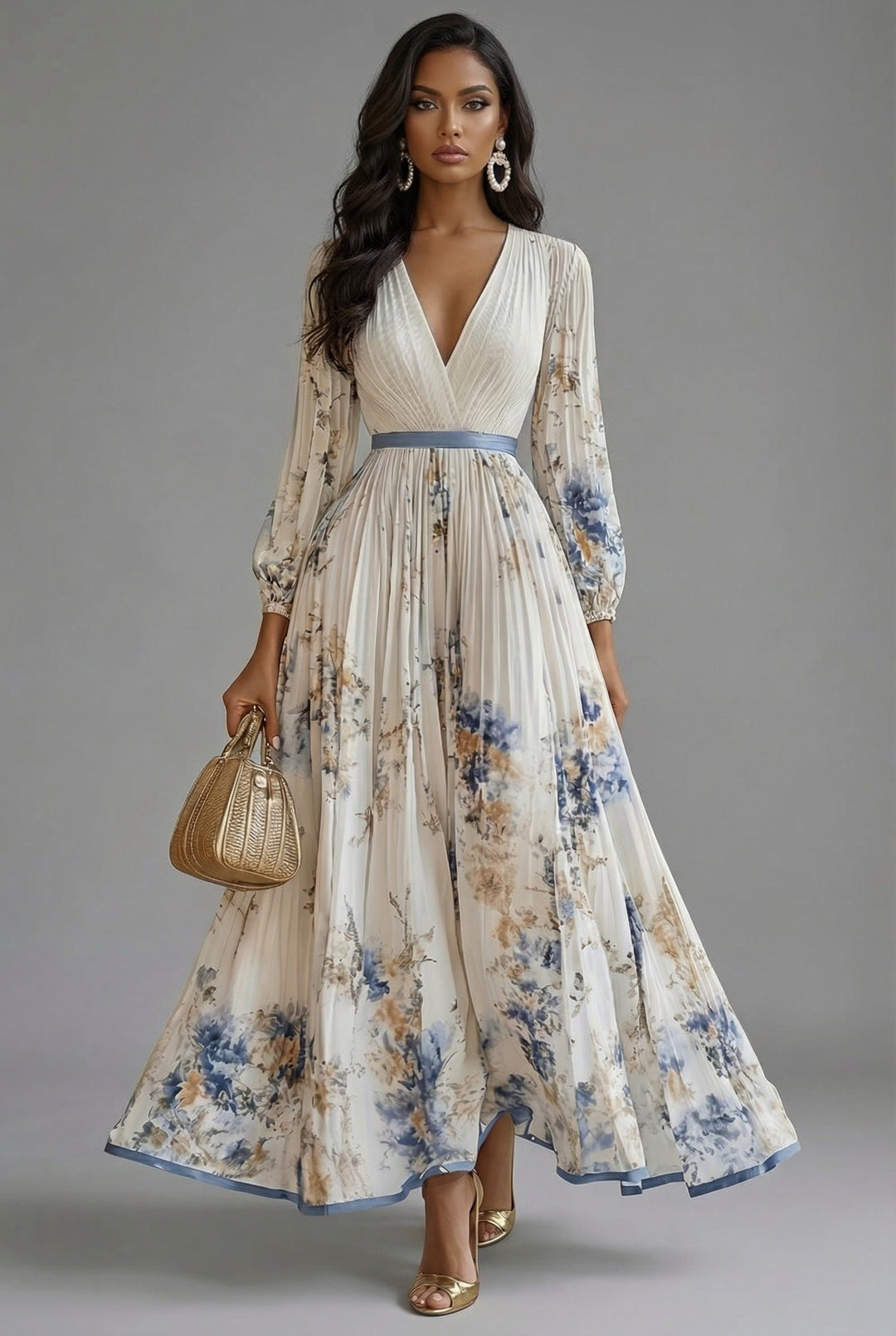 Dames Gebloemde V-Hals Lange Mouwen Maxi Jurk - White (5 Left)