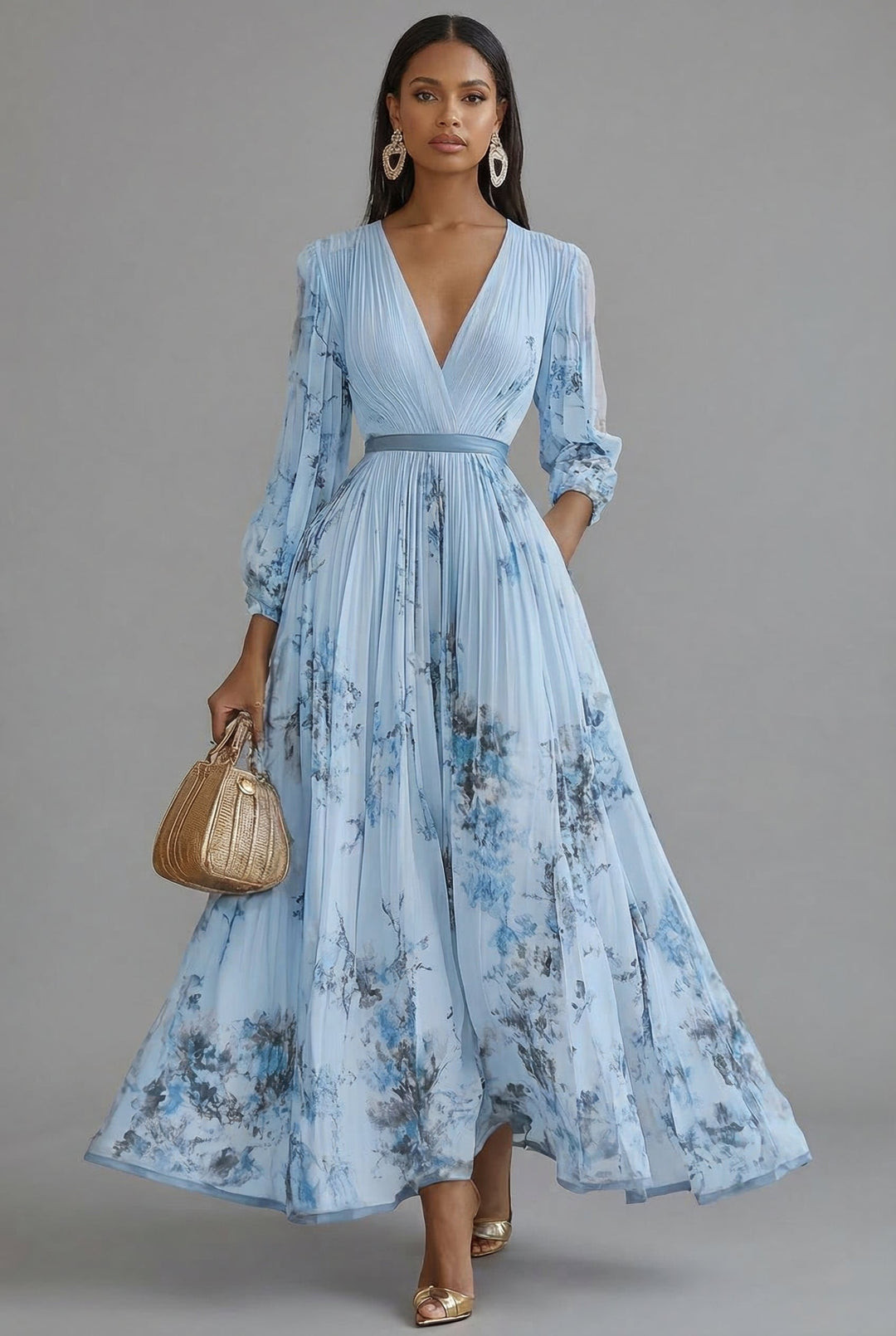 Dames Gebloemde V-Hals Lange Mouwen Maxi Jurk - Blue (7 Left)