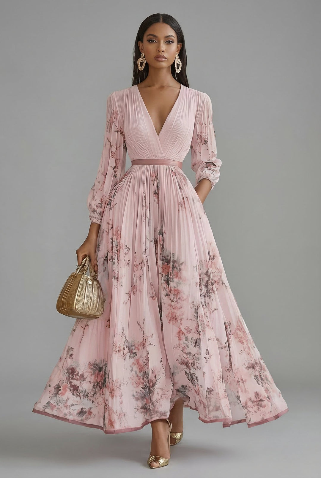 Dames Gebloemde V-Hals Lange Mouwen Maxi Jurk - Pink (5 Left)