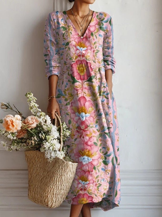 Dames Gebloemde V-hals Maxi Jurk Lange Mouwen - Dress (almost sold out)