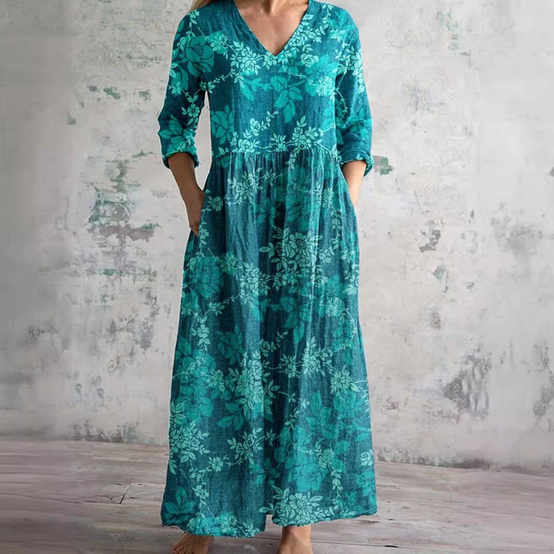 Dames Gebloemde V-hals Maxi Zomerjurk - Blauwgroen