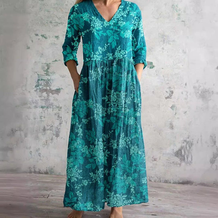 Dames Gebloemde V-hals Maxi Zomerjurk - Blauwgroen