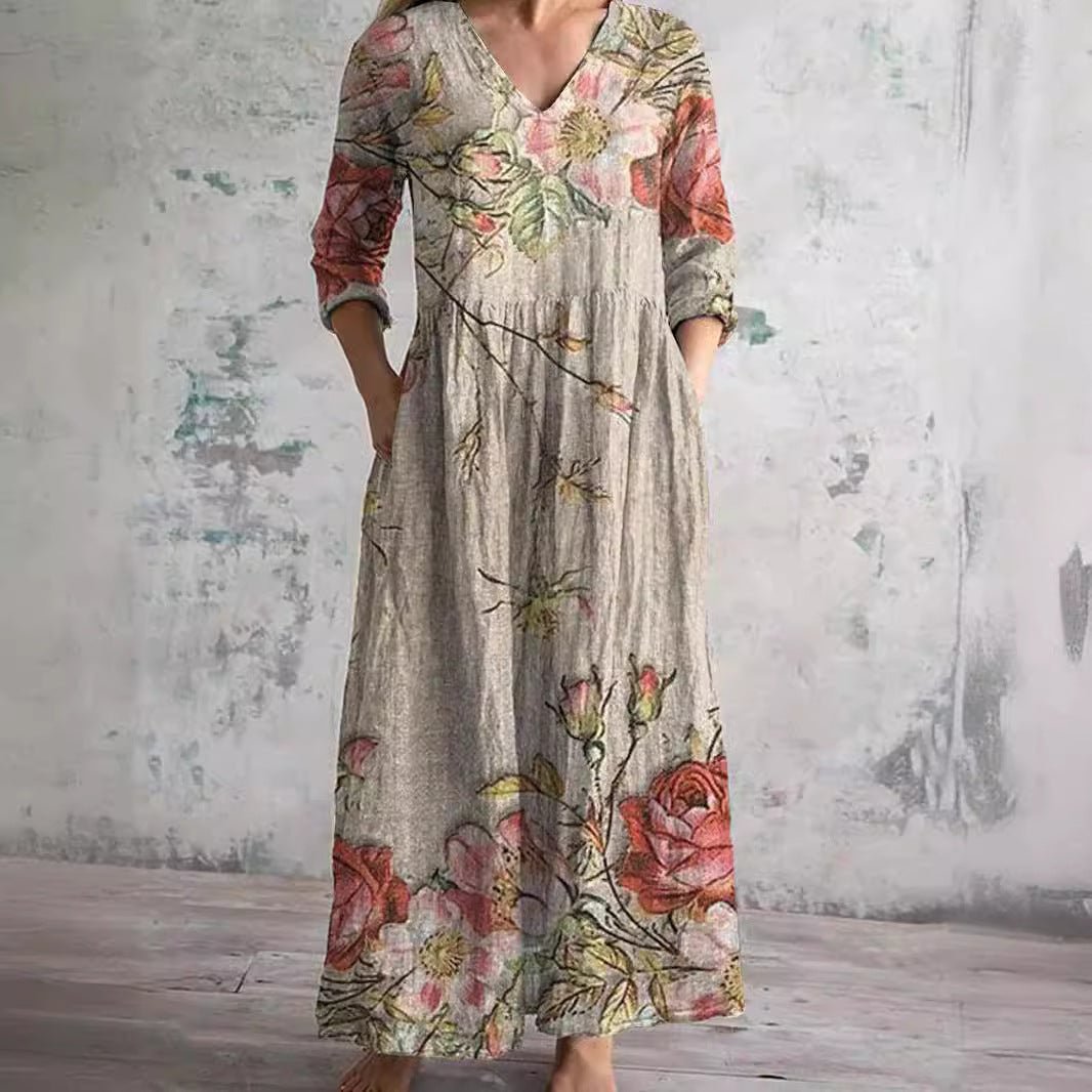 Dames Gebloemde V-hals Maxi Zomerjurk - Beige