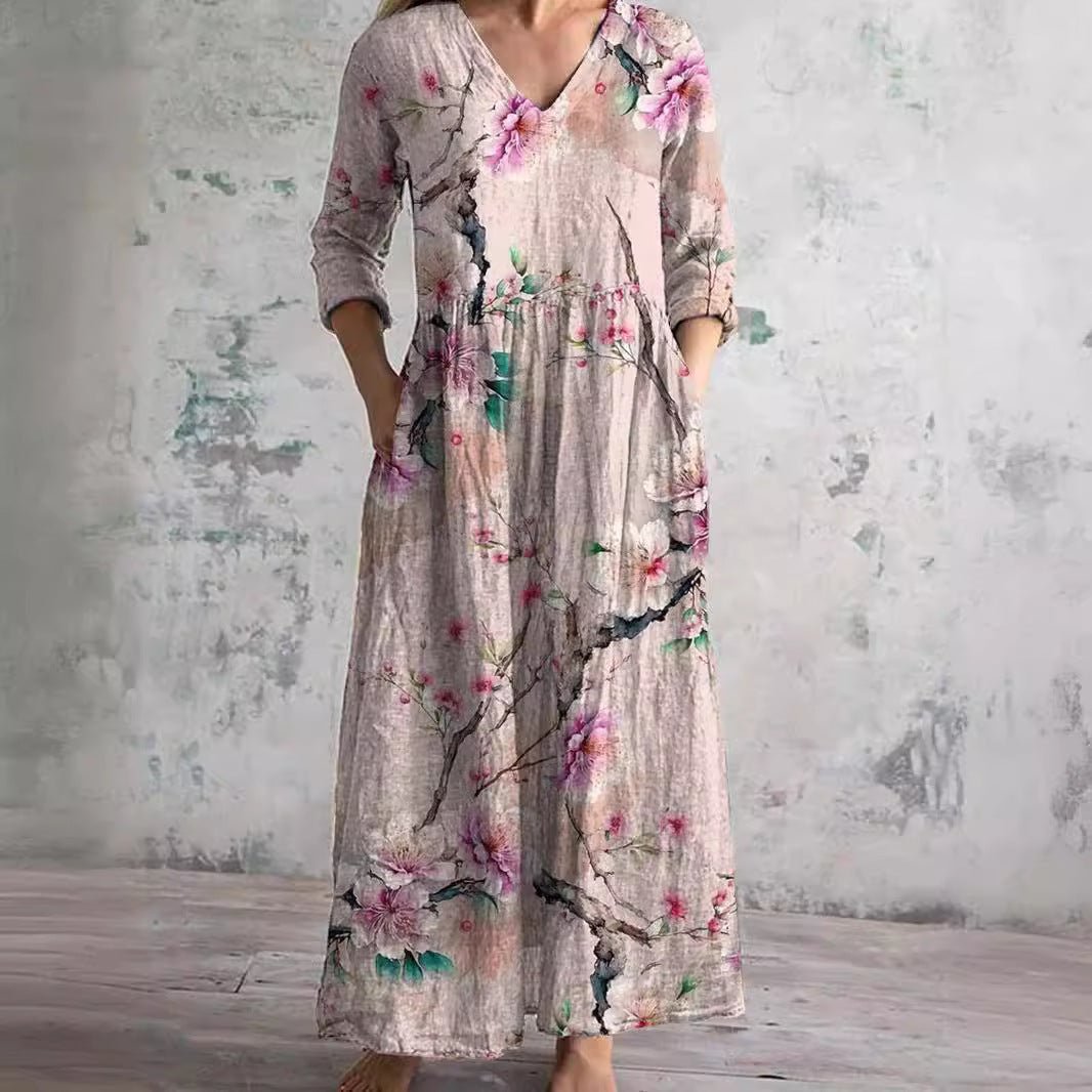 Dames Gebloemde V-hals Maxi Zomerjurk - Roze