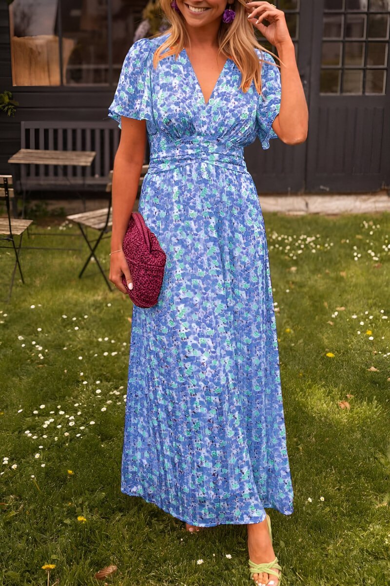 Dames Gebloemde V-hals Maxi Zomerjurk - Blauw