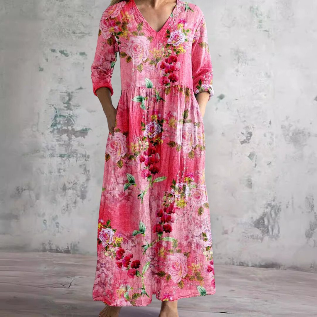 Dames Gebloemde V-hals Maxi Zomerjurk - Fuchsia