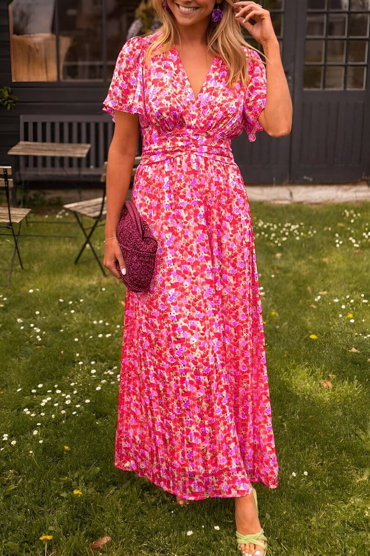 Dames Gebloemde V-hals Maxi Zomerjurk - Roze
