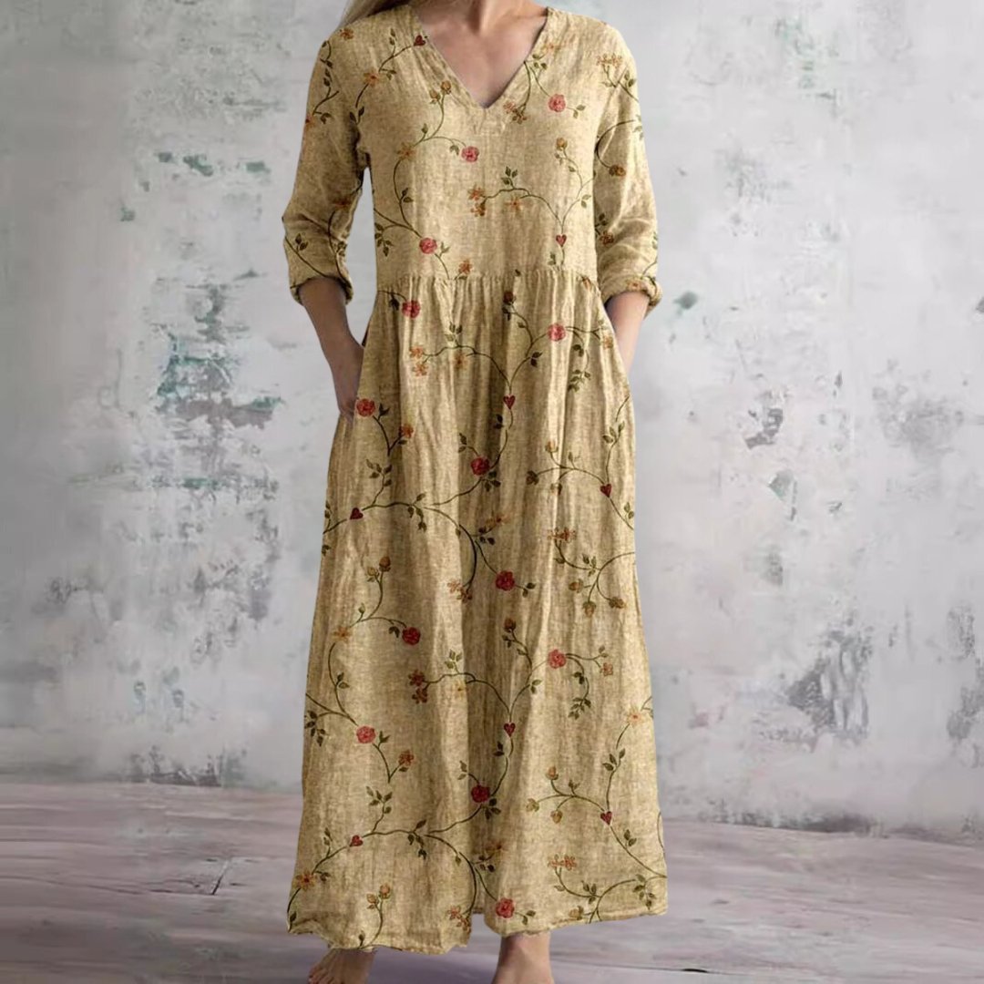 Dames Gebloemde V-hals Maxi Zomerjurk - Geel
