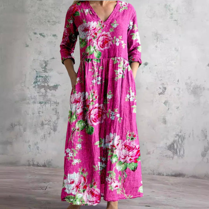 Dames Gebloemde V-hals Maxi Zomerjurk - Koraal Roze