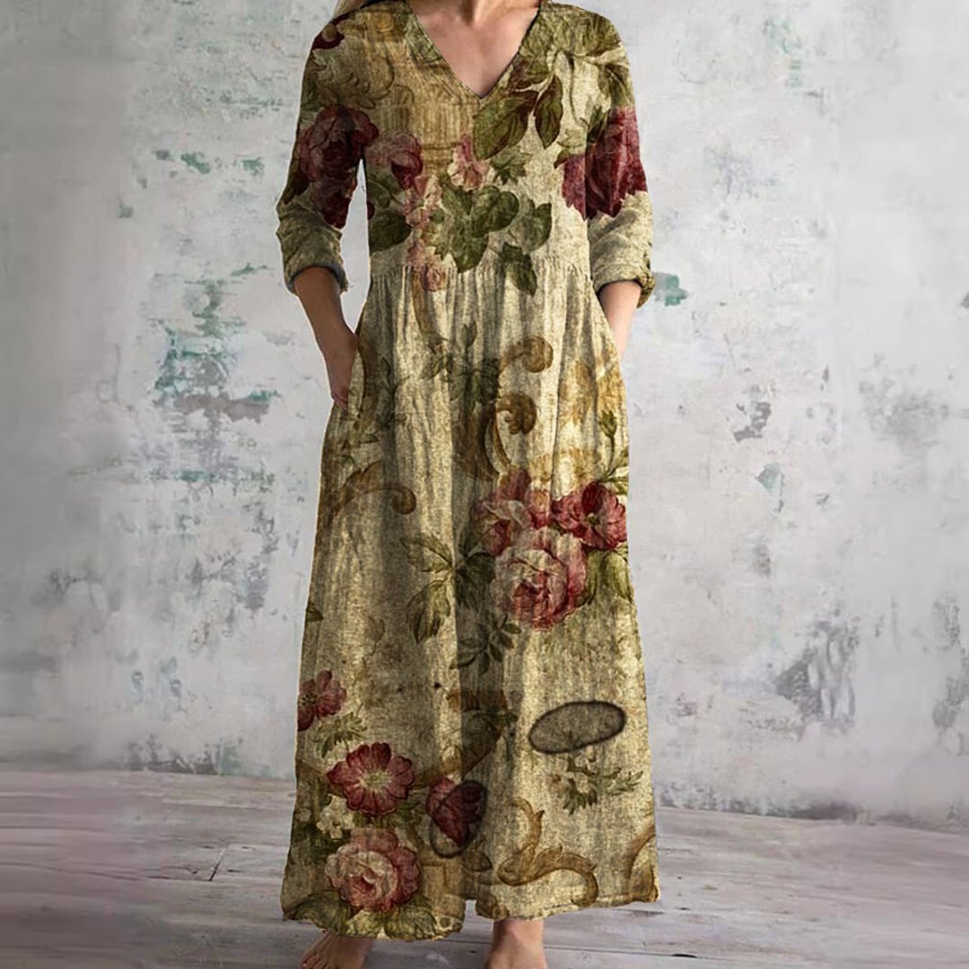 Dames Gebloemde V-hals Maxi Zomerjurk - Donker Beige