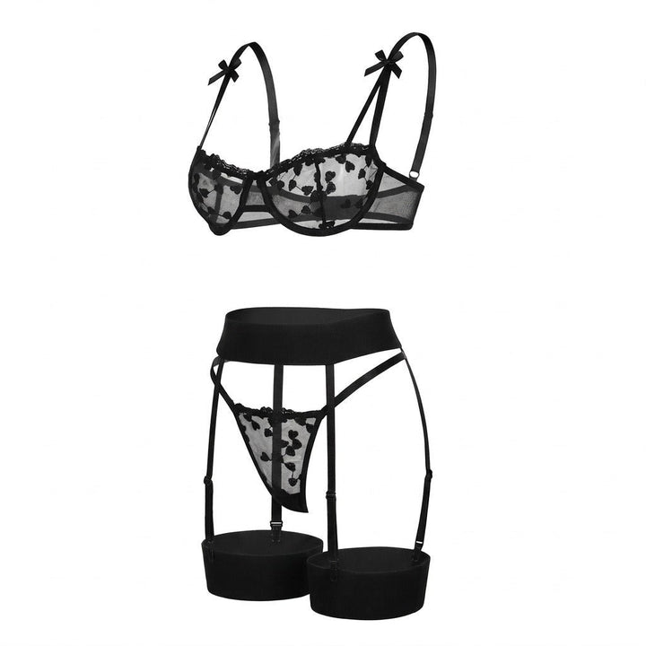 Dames Geborduurd Mesh Lingerie Set Jarretelgordel - Black