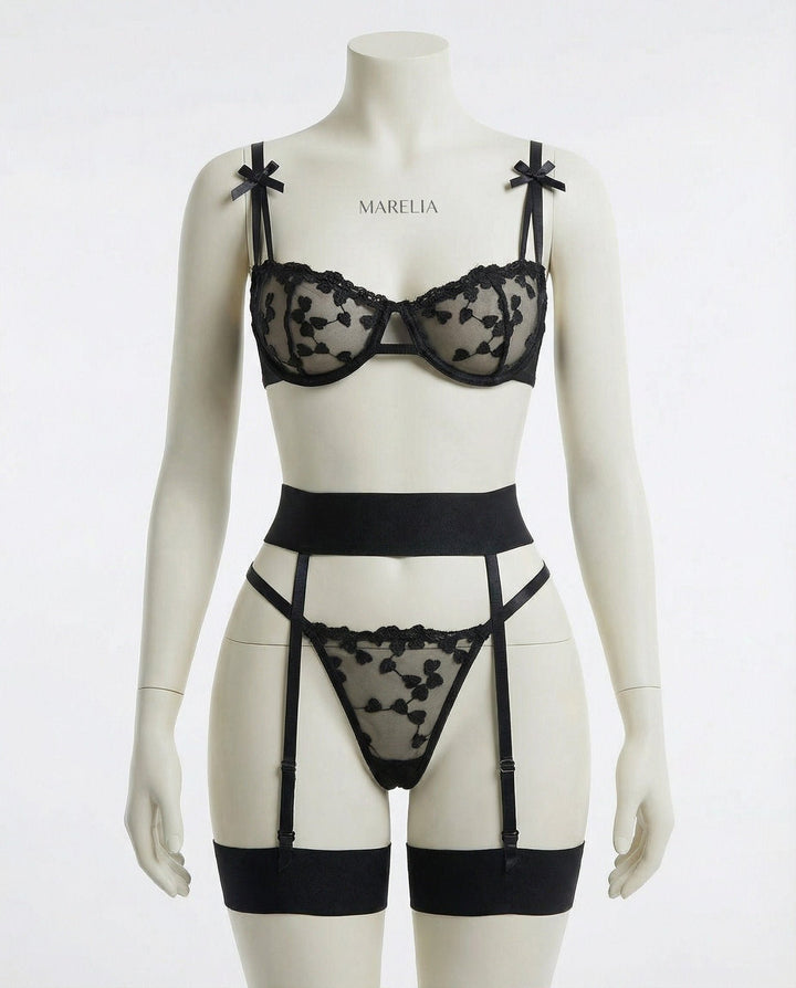 Dames Geborduurd Mesh Lingerie Set Jarretelgordel