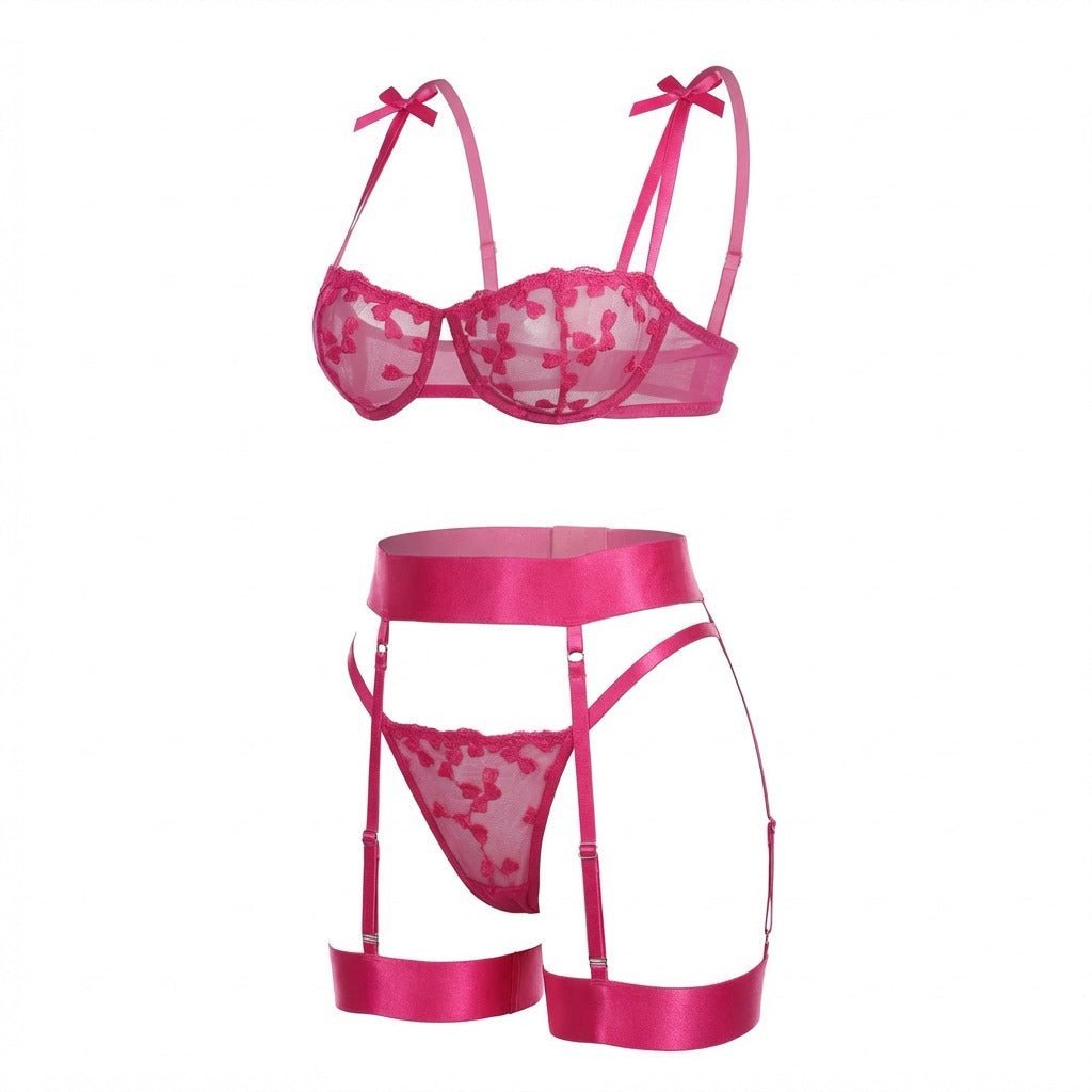 Dames Geborduurd Mesh Lingerie Set Jarretelgordel - Fuchsia pink