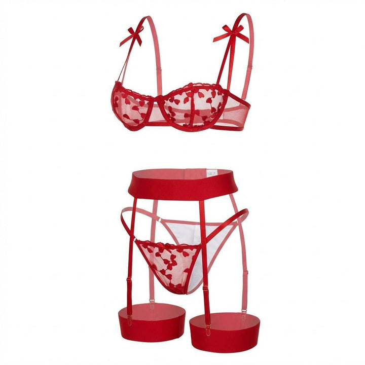 Dames Geborduurd Mesh Lingerie Set Jarretelgordel - Red