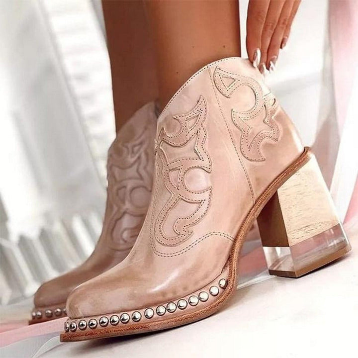 Dames Geborduurde Western Enkellaars Blokhak Klinknagel - Dune Pink