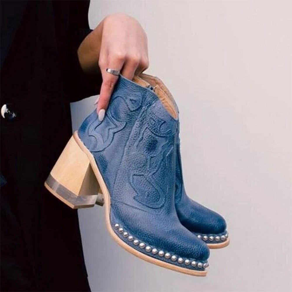 Dames Geborduurde Western Enkellaars Blokhak Klinknagel - Capri Blue