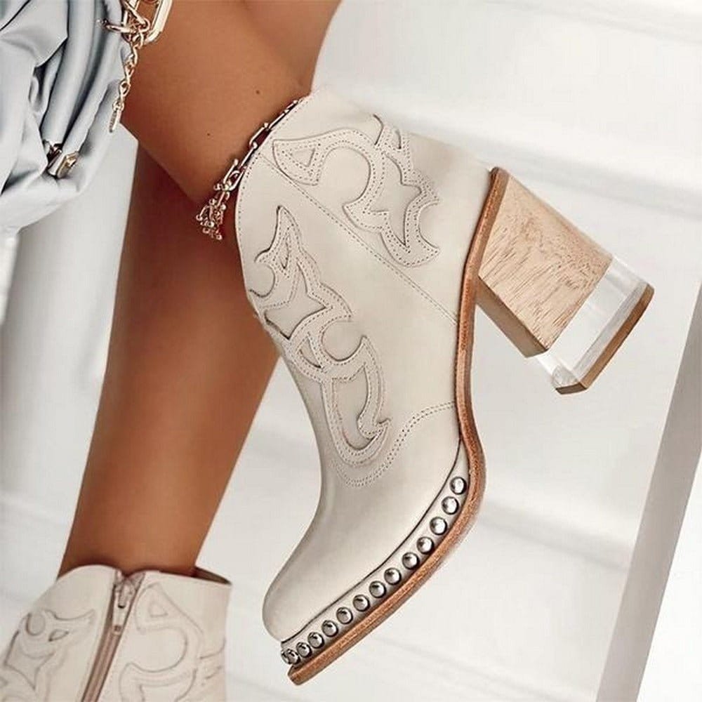 Dames Geborduurde Western Enkellaars Blokhak Klinknagel - Vegas White
