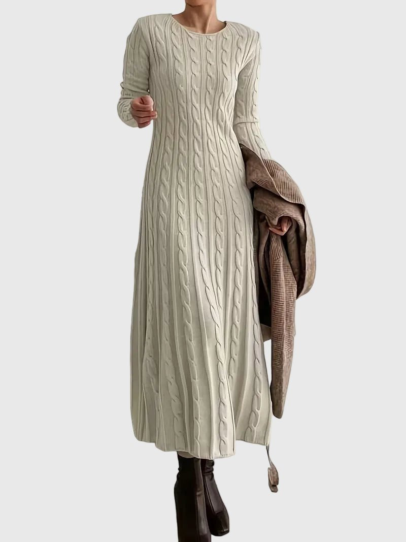 Dames Gebreide Cable-Knit Maxi-jurk met Ronde Hals en Lange Mouwen - Apricot