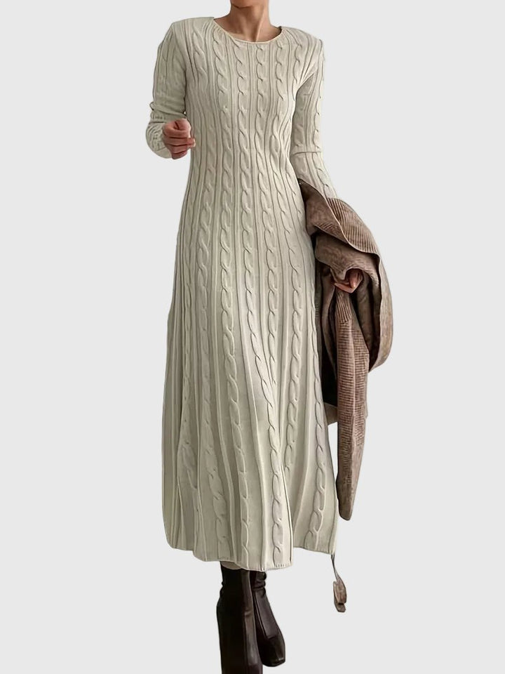 Dames Gebreide Cable-Knit Maxi-jurk met Ronde Hals en Lange Mouwen - Apricot
