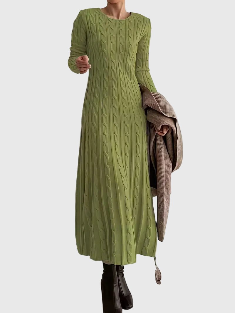 Dames Gebreide Cable-Knit Maxi-jurk met Ronde Hals en Lange Mouwen - Green