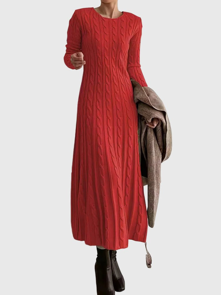 Dames Gebreide Cable-Knit Maxi-jurk met Ronde Hals en Lange Mouwen - Red