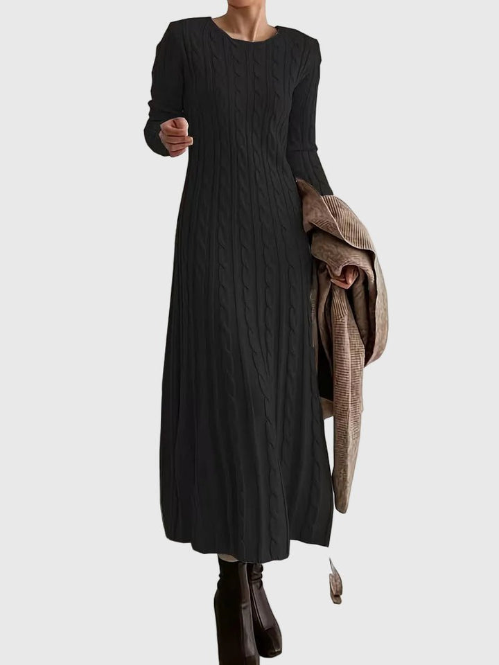 Dames Gebreide Cable-Knit Maxi-jurk met Ronde Hals en Lange Mouwen - Black
