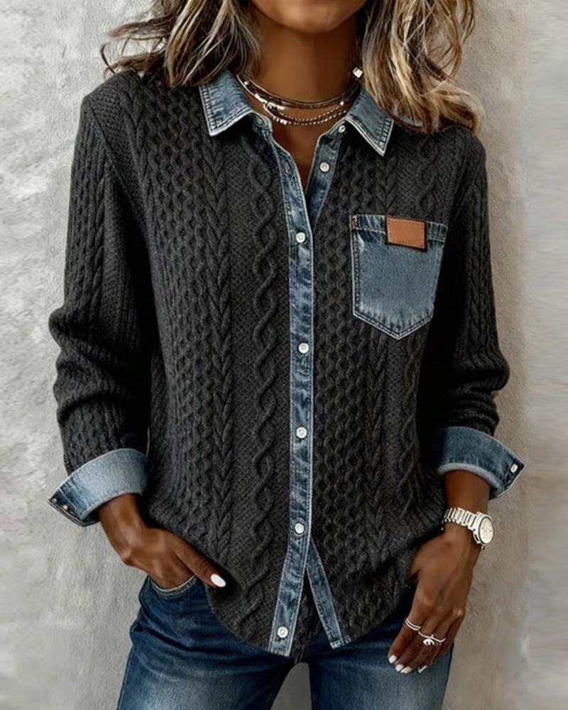 Dames Gebreide Casual Blouse met Denim Patchwork Lange Mouwen - Dark Gray