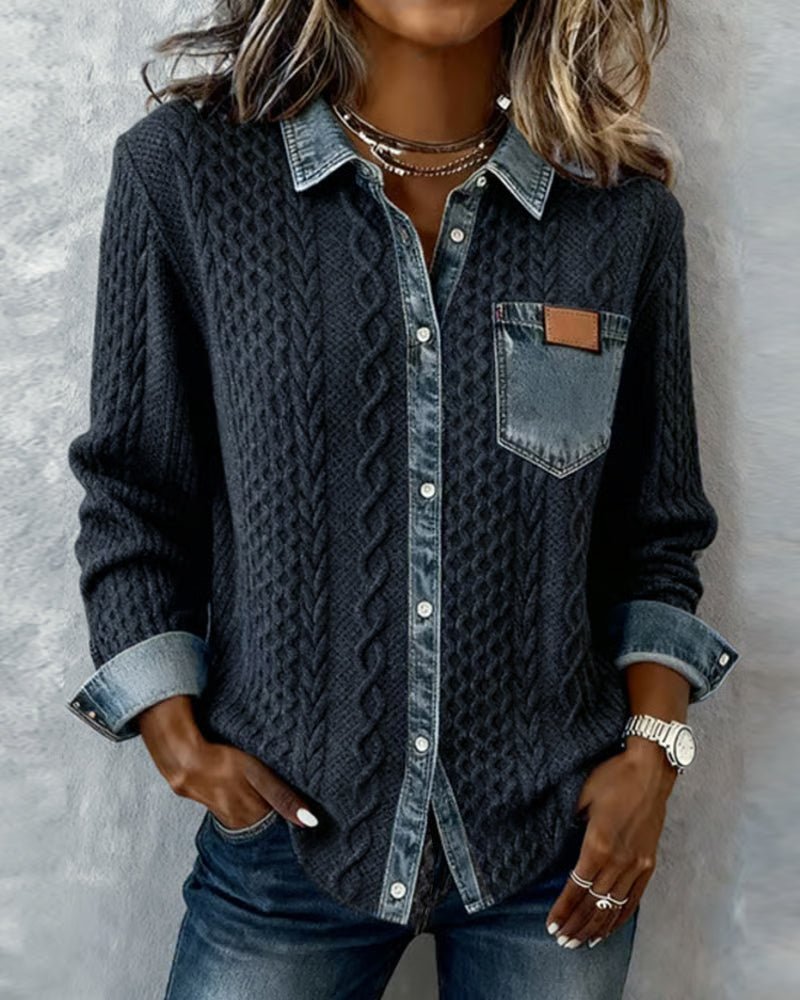Dames Gebreide Casual Blouse met Denim Patchwork Lange Mouwen - Dark Blue