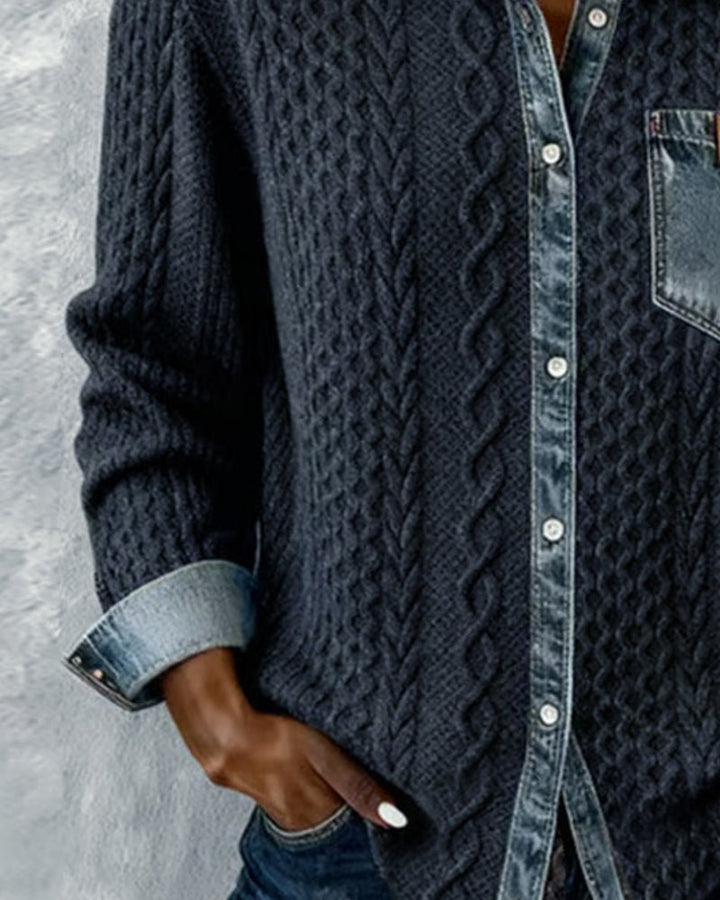 Dames Gebreide Casual Blouse met Denim Patchwork Lange Mouwen