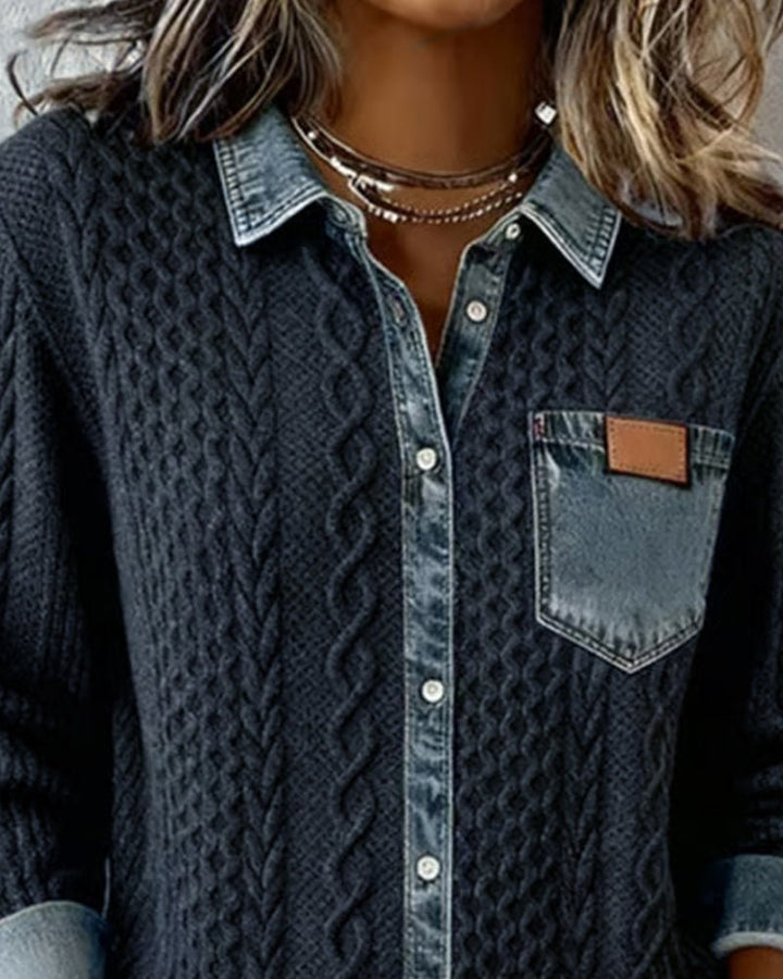 Dames Gebreide Casual Blouse met Denim Patchwork Lange Mouwen
