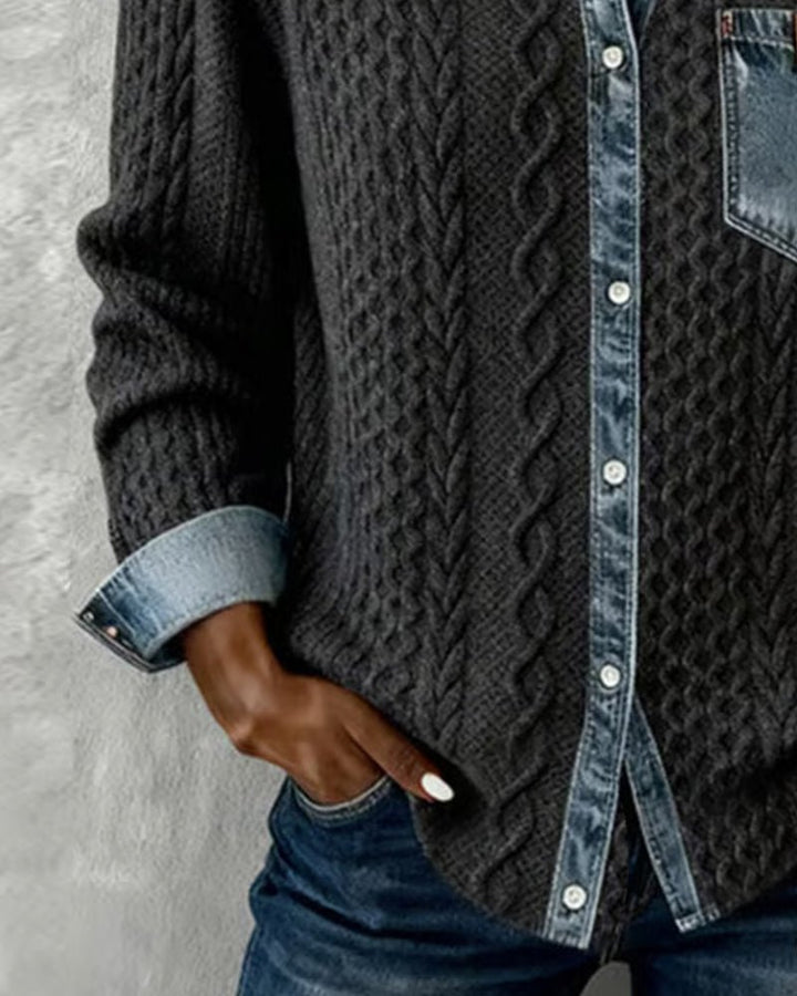 Dames Gebreide Casual Blouse met Denim Patchwork Lange Mouwen