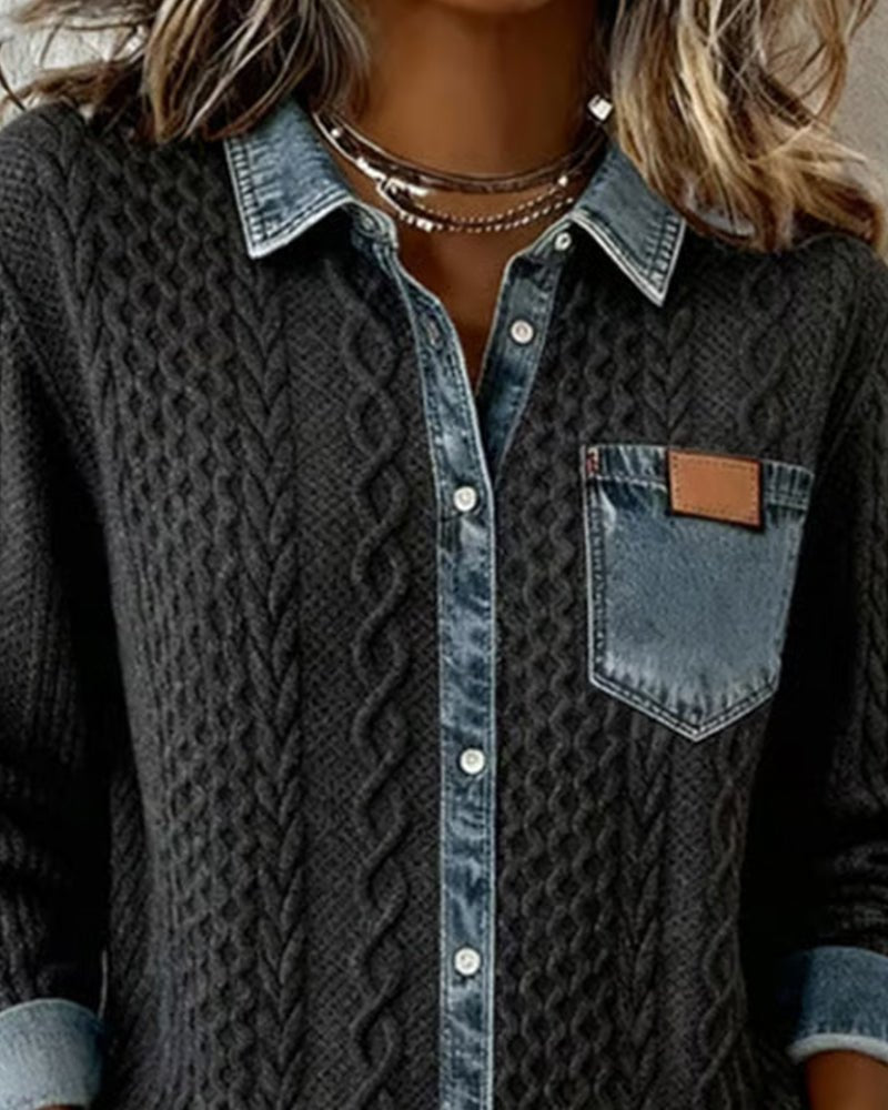 Dames Gebreide Casual Blouse met Denim Patchwork Lange Mouwen