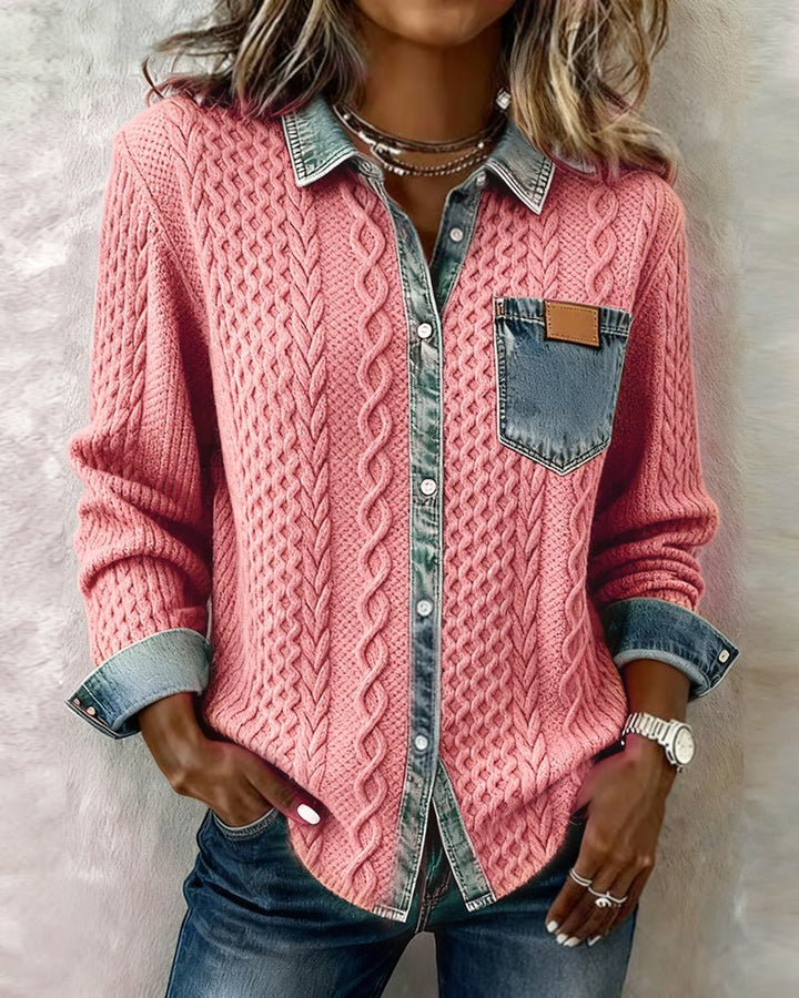 Dames Gebreide Casual Blouse met Denim Patchwork Lange Mouwen - Pink