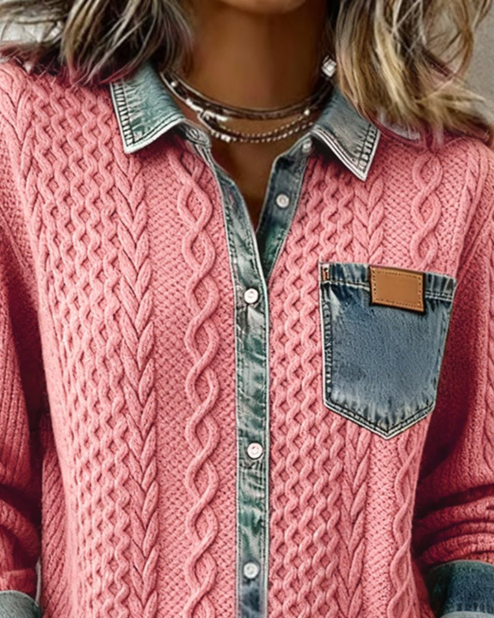 Dames Gebreide Casual Blouse met Denim Patchwork Lange Mouwen