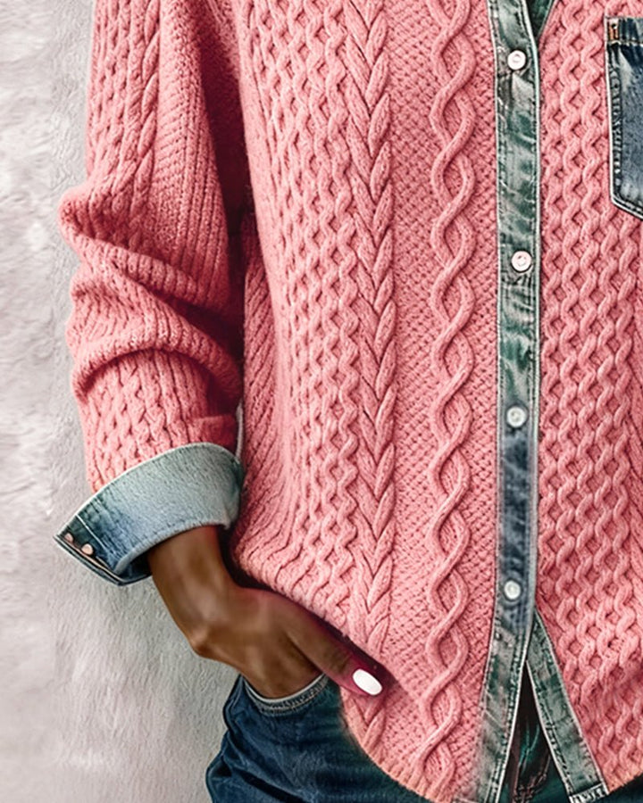 Dames Gebreide Casual Blouse met Denim Patchwork Lange Mouwen