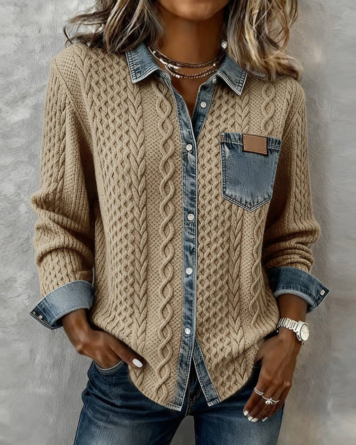 Dames Gebreide Casual Blouse met Denim Patchwork Lange Mouwen - Khaki
