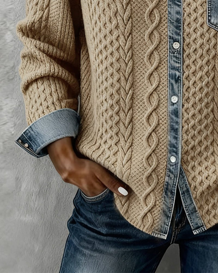 Dames Gebreide Casual Blouse met Denim Patchwork Lange Mouwen