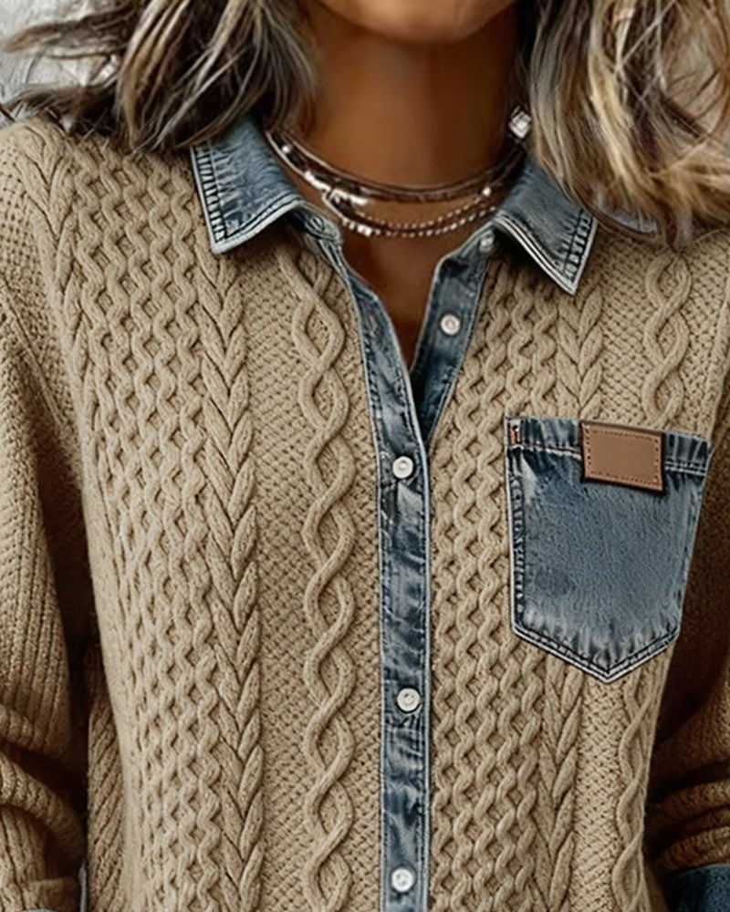 Dames Gebreide Casual Blouse met Denim Patchwork Lange Mouwen