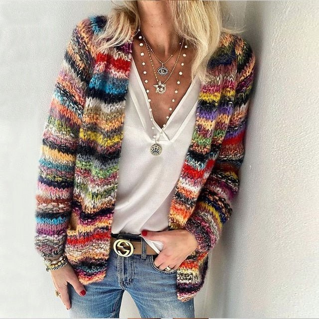 Dames Gebreide Multicolor Cardigan Vest - Red