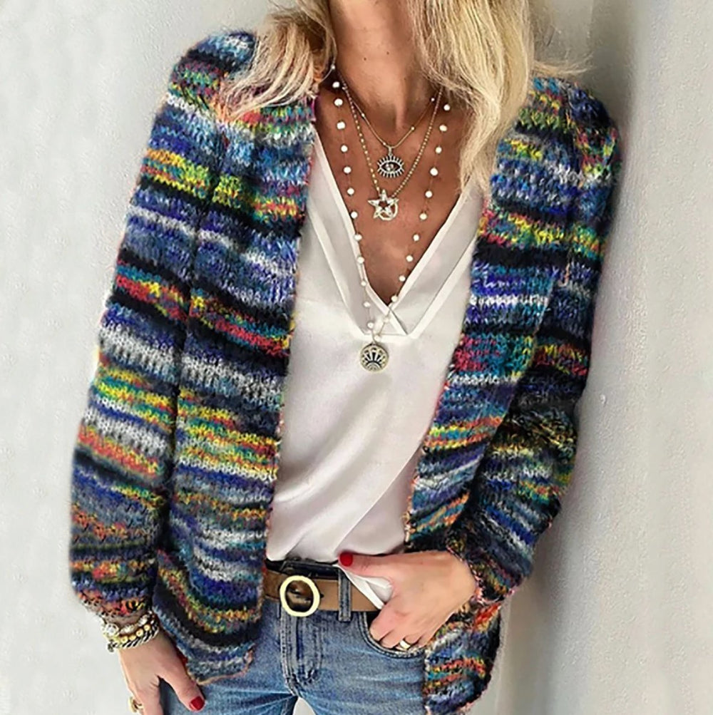 Dames Gebreide Multicolor Cardigan Vest - Blue