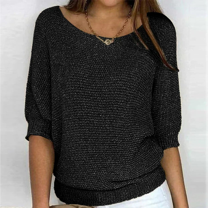 Dames Gebreide Relaxed-Fit Ronde Hals Pullover Trui - Zwart
