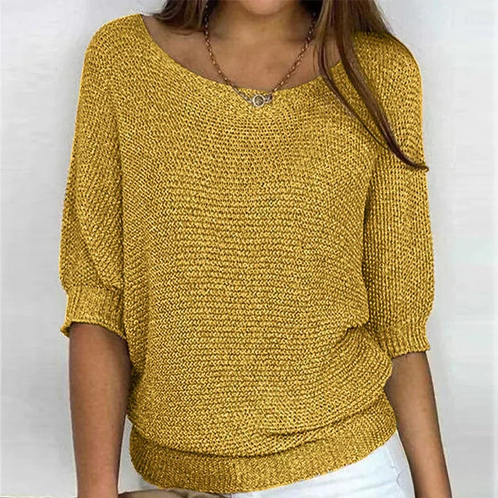 Dames Gebreide Relaxed-Fit Ronde Hals Pullover Trui - Geel