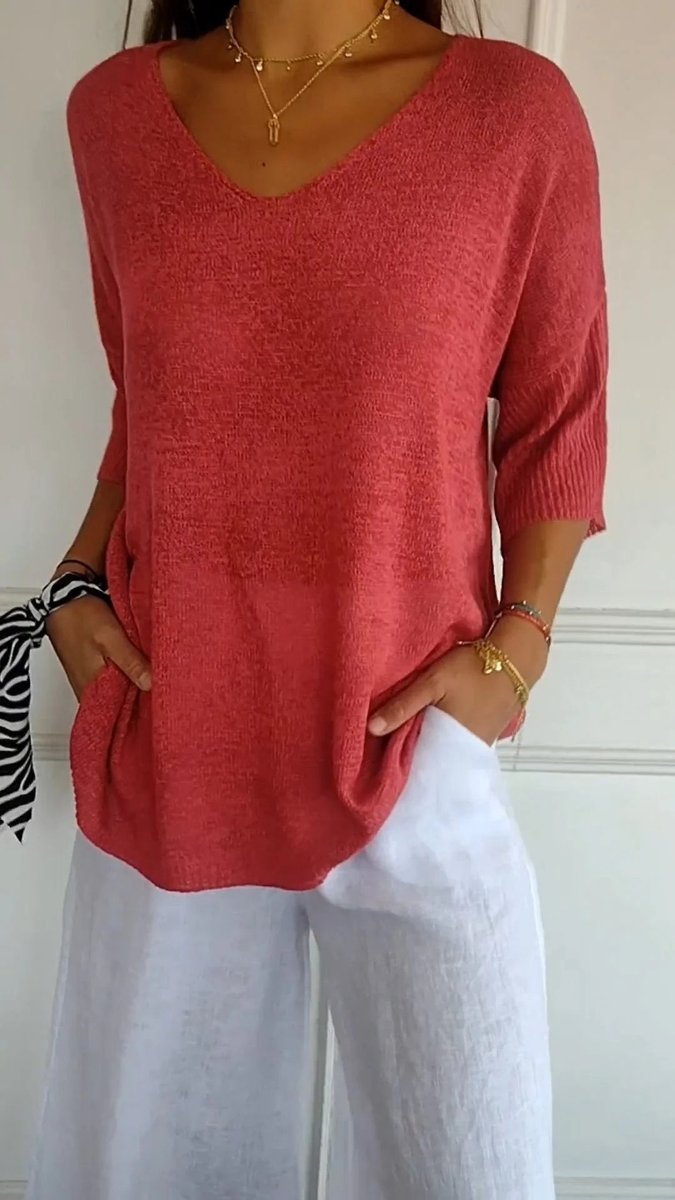 Dames Gebreide V-hals Top Halflange Mouw Relaxed Fit - Rood