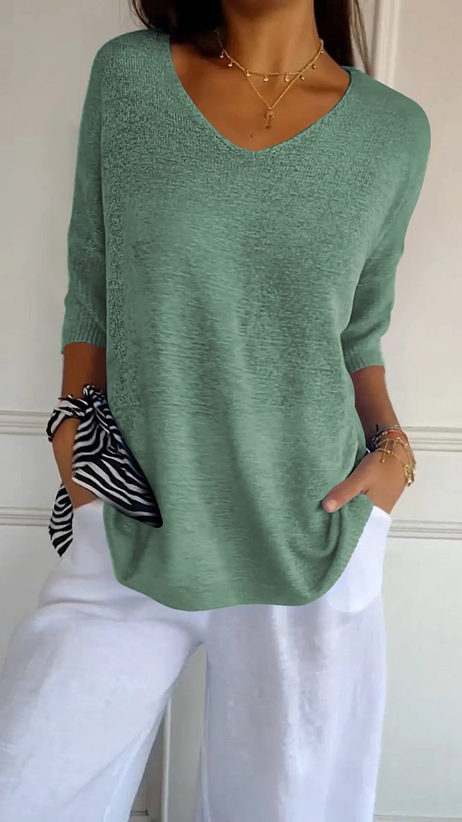 Dames Gebreide V-hals Top Halflange Mouw Relaxed Fit - Grasgroen
