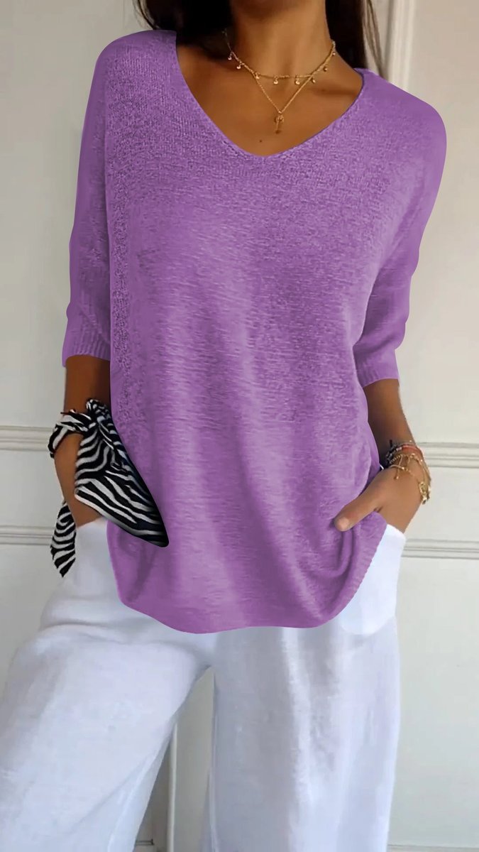 Dames Gebreide V-hals Top Halflange Mouw Relaxed Fit - Paars