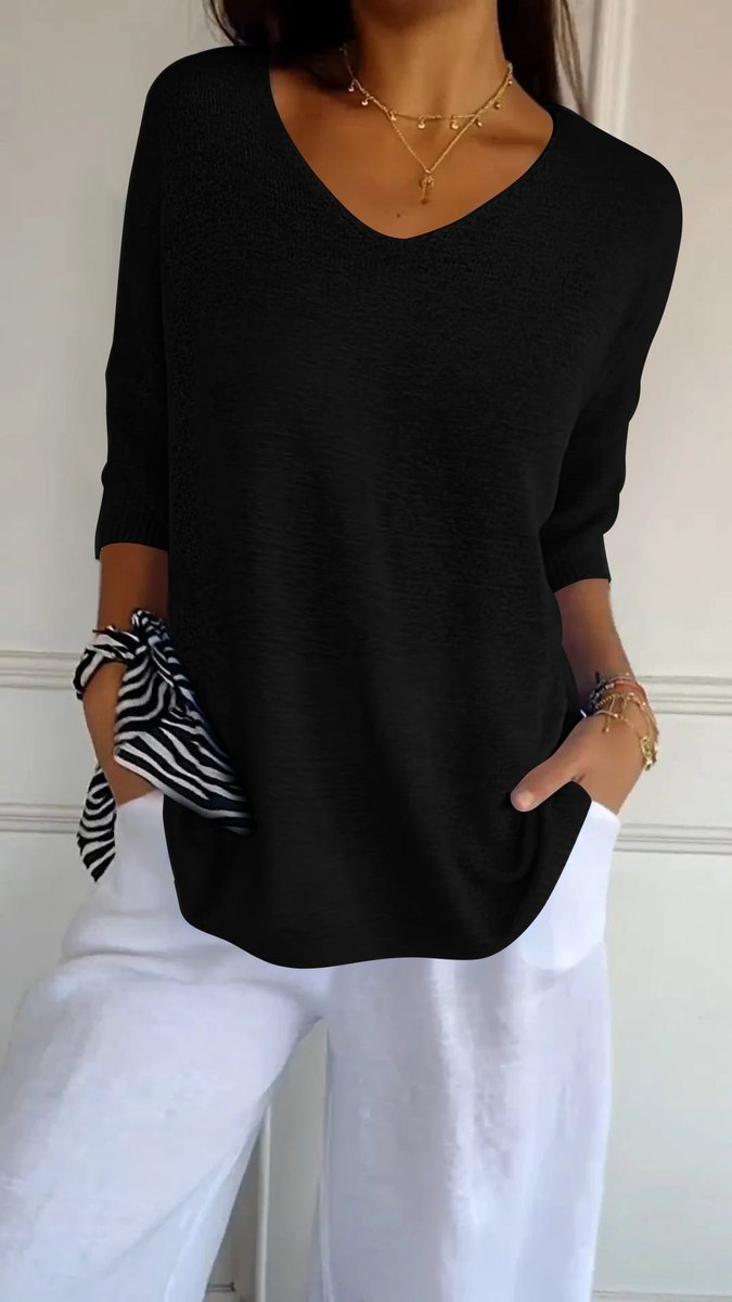 Dames Gebreide V-hals Top Halflange Mouw Relaxed Fit - Zwart