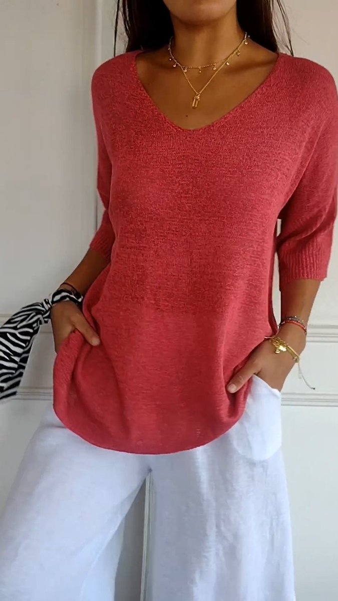 Dames Gebreide V-hals Top Halflange Mouw Relaxed Fit